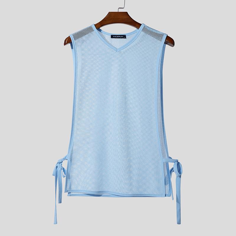 

INCERUN Летние мужские безрукавные майки с боковой шнуровкой, полые, прозрачные, пляжные L синий