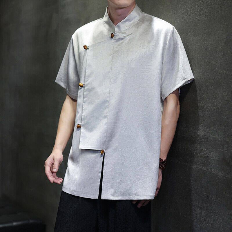 2025 Men Chinese Style Shirts Men Cross Collar Design Solid Simple Shirts Casual Streetwear Male Short Sleeved Blouse