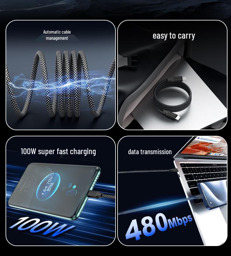Dual-Color Braided Magnetic Cable for Apple & Huawei Type-C, 100W Charging, Aluminum Alloy