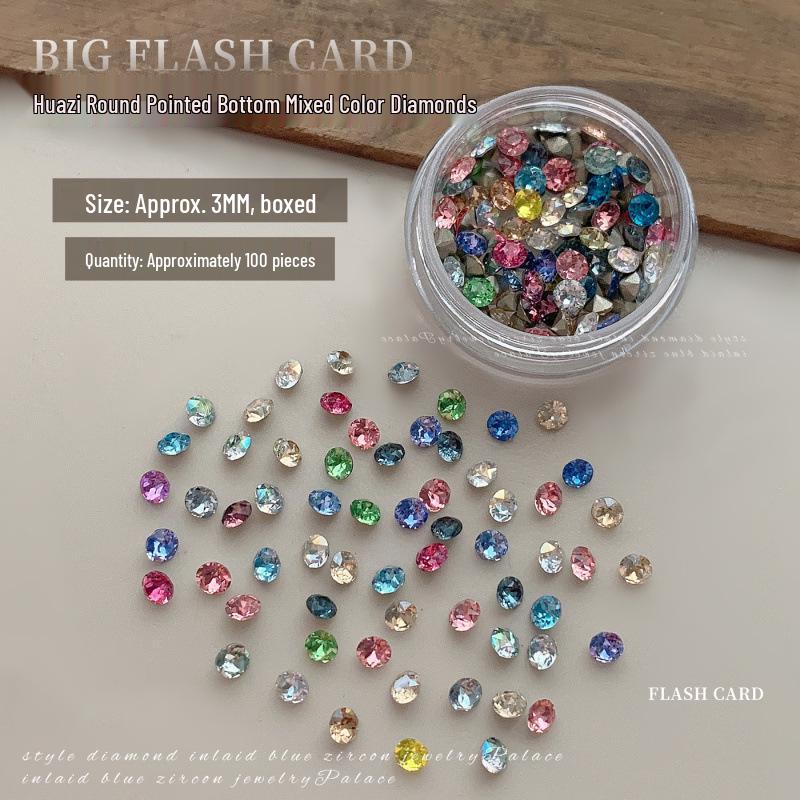 33-Cut Colored Pointed Rhinestones for Nail Art - Dazzling Multi-Faceted Round Stones, Ideal for DIY Filling and Stacking.