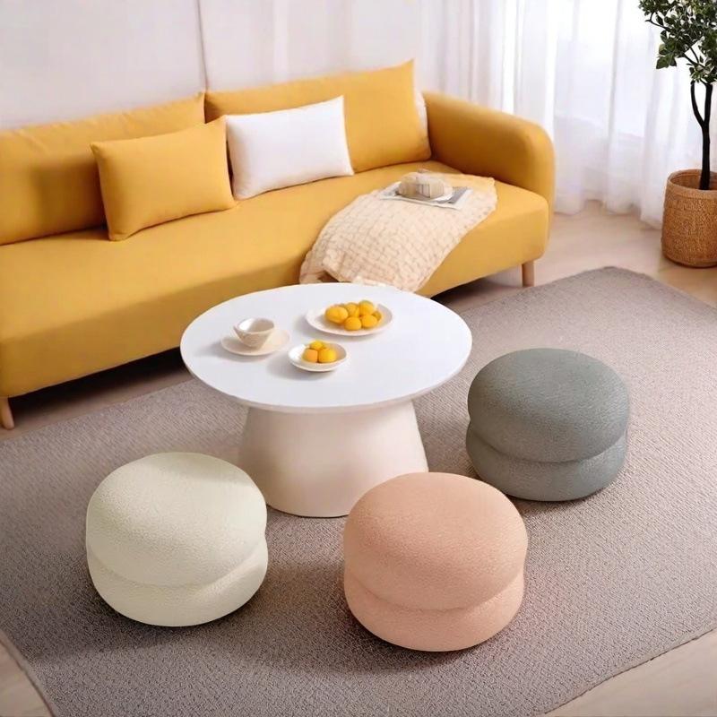 Modern Cream Round Stool - Low Seating for Living Room Sofa, Bedroom & Shoe Changing, Velvet Upholstered Home Decor Accent Piece