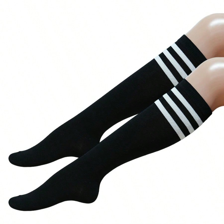 

1Pairs Women S Knee-High Socks, Striped Style, Suitable For Parties And Performances, Sports-Style Long Socks, Available In Various Colors And чёрный