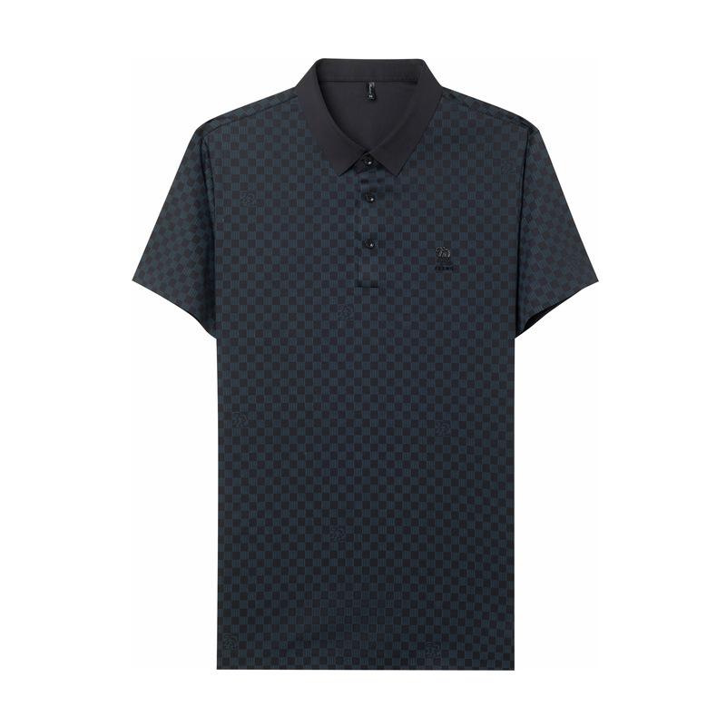 Seamless Polo Shirt Men's TikTok Same Style Summer Lapels Plaid Middle-Aged Fashion Fashion Short Sleeve Polo Shirt