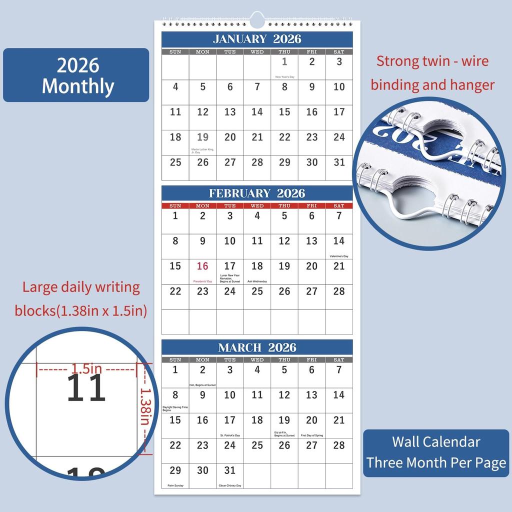 2026 Wall Calendar - 3 Month Wall Calendar Vertical 2026 (Folded In a Month), Dec.2025 - Jan.2027, 11" X 26", Calendar 2026, 3-Month Display Calendar