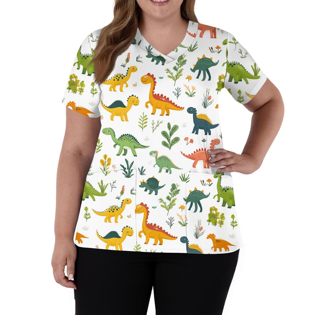 Women's Fashion V-Neck Short Sleeve Overalls With Pockets  Print Tops  Clothes