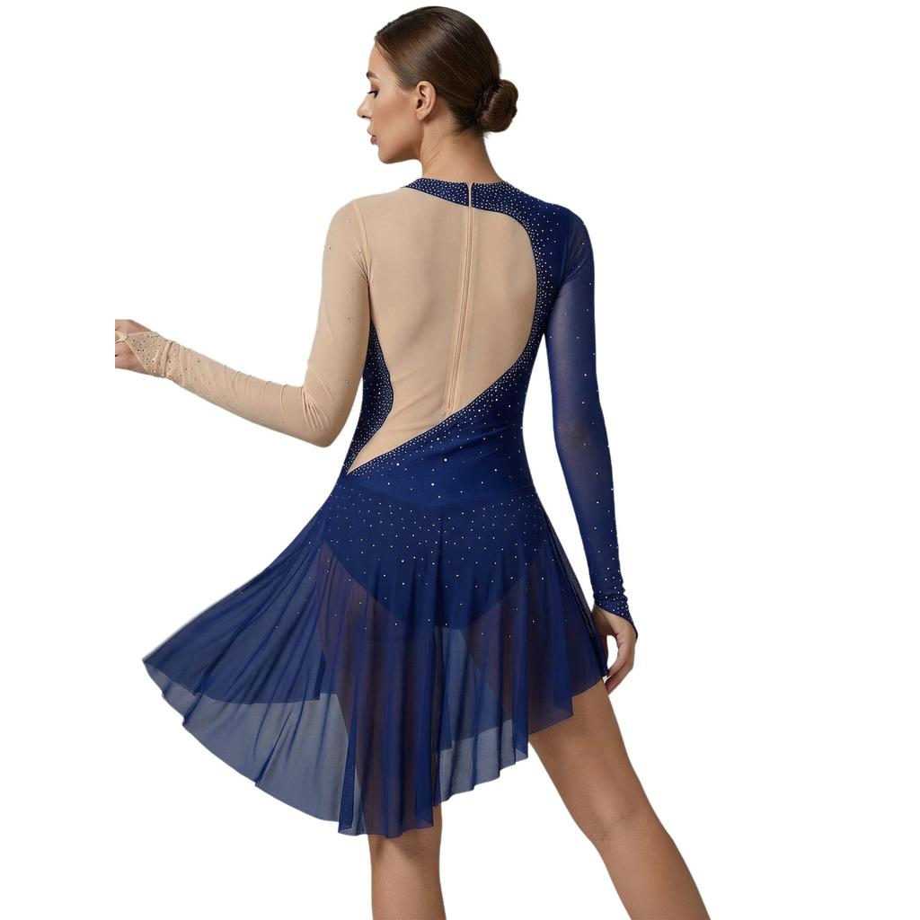 Womens Figure Skating Costume Rhinestone Mesh Long Sleeve Chest Pleats Irregular Hem Bodysuit Dress