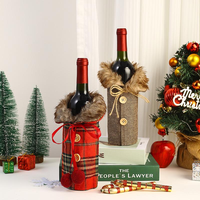 European & American Christmas Wine Bottle Cover with Bow Knot and Burlap Fur Collar