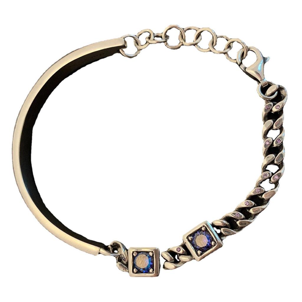 Korean Style S925 Silver Plated Retro Graffiti Patchwork Bangle - Women's Hip Hop Fashion Trend Bracelet