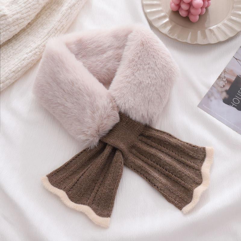 Knit Fishtail Plush Neck Warmer Women Autumn Winter Cross Faux Rabbit Fur Cute Versatile Student Premium Scarf