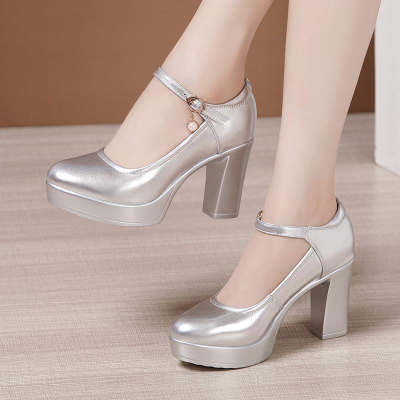 Fashion Size 32-43 Genuine Leather Thick Bottom Platform Pumps Women Wedding Shoes White 2024 Block High Heels Shoes for Office Model