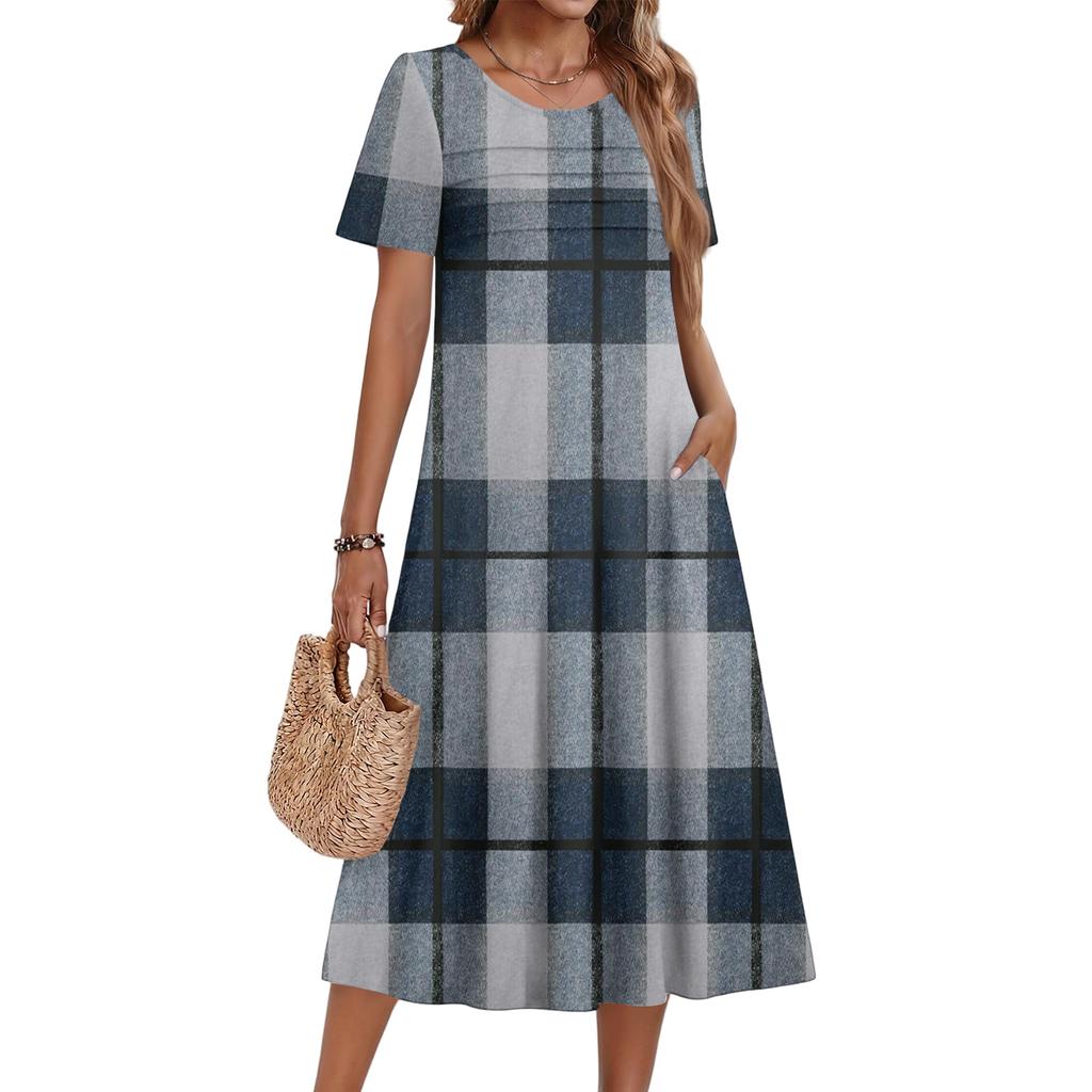Ladies' Plaid Printed Casual And Fashionable Short Sleeved Round Neck Dress