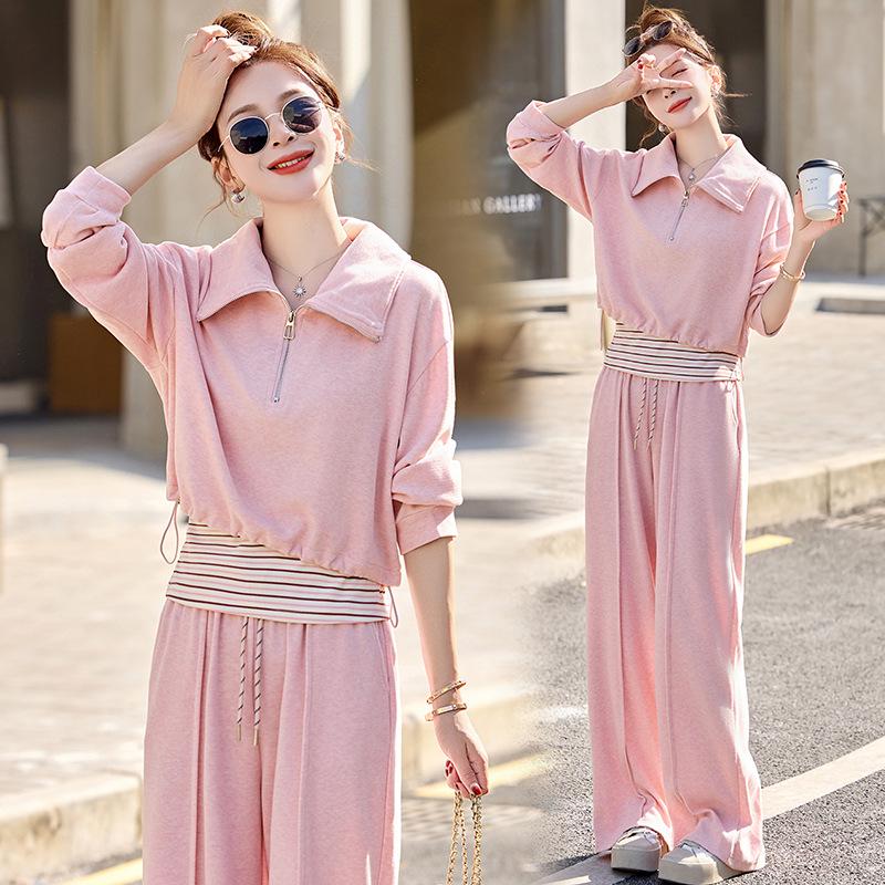 2025 Spring Fashion High-Waist Wide-Leg Pants & Slim Fit Sweatshirt Set