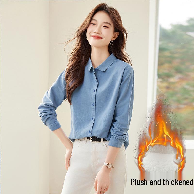2025 Winter Women's Velvet-Lined Long Sleeve Lapel Shirt: Versatile, Thick, and Cozy Base Layer