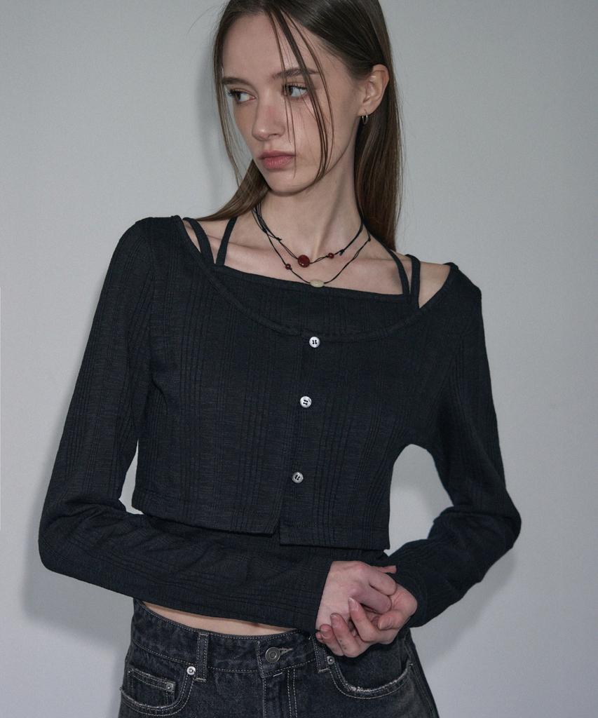 Ledeoli Halter Neck Sleeveless Cardigan Set [Black]