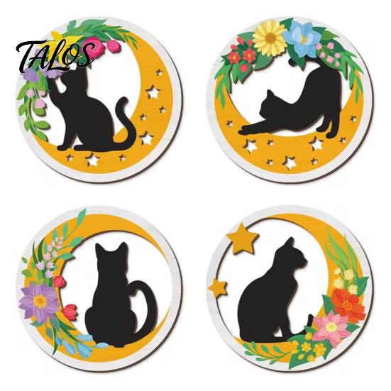 Cat Wall Art Decor 4Pcs Wooden Decor, 2D Flat Round with Flower Entryway Theme Moon Elements, Lightweight Decorative Hanging Signs for Living