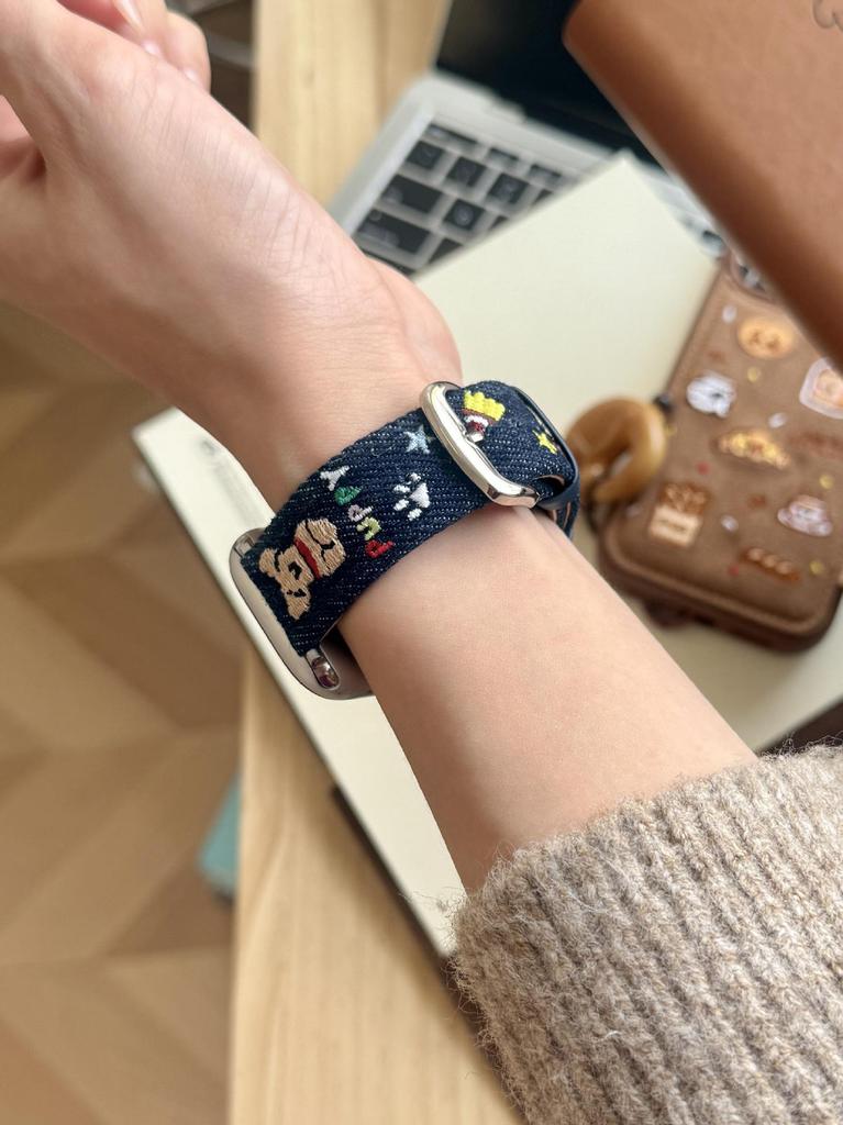 Cartoon Embroidered Denim Leather Watch Strap for Apple Watch Series 11/10/98 Ultra SE