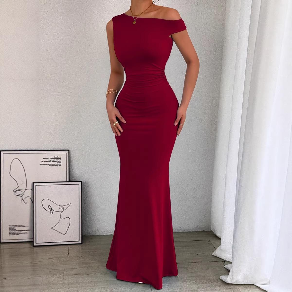 

One-Shoulder Pleated Sleeveless Sexy European and American Fishtail Skirt Dress for Women (2025 Trending Style) Medium вино красного