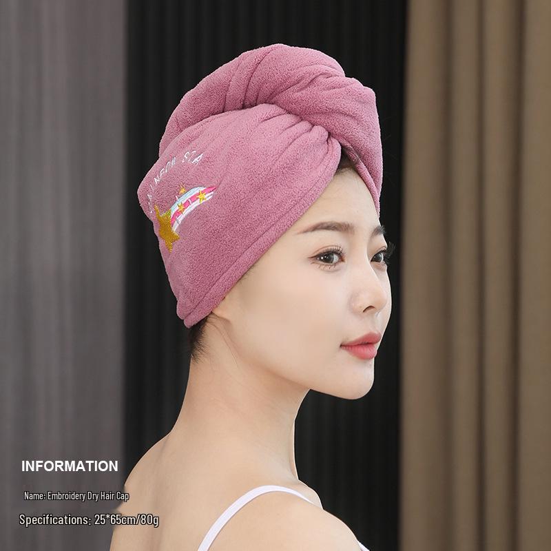 Quick-Drying Coral Fleece Embroidered Hair Drying Towel Cap for Women