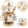 20 Pcs Porcelain Tea Set with Metal Holder and Spoon Adult Ceramic Tea Party Set European Flower Painting Teapot Cup Saucer