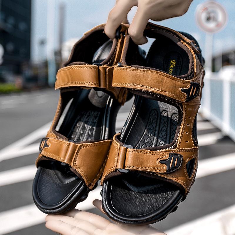 Men'S First Layer Cowhide Fashionable Trendy Comfortable Open-Toe Sandals Breathable Non-Slip Beach Sandals