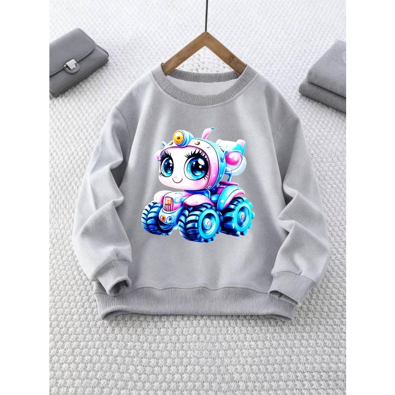 Girls' Crew Neck Sweatshirt with Cute Cartoon Big-Eyed Robot Print, Comfortable Long-Sleeve Top, Christmas Outfit