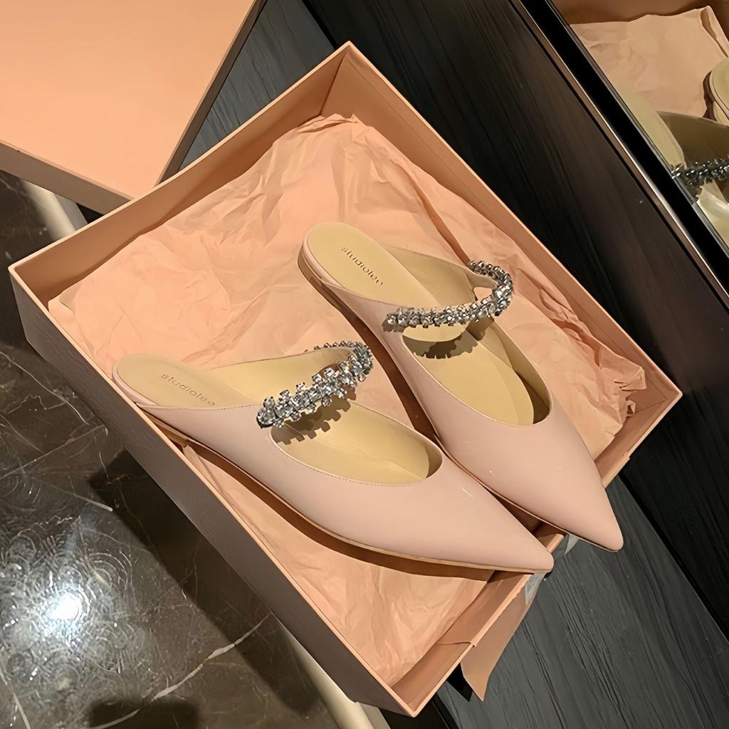 Sheepskin Version~ Summer Wear Leather Bag Head Flat Bottom Half Slippers Women's High-grade Cool Slippers Pointed French Half Tray