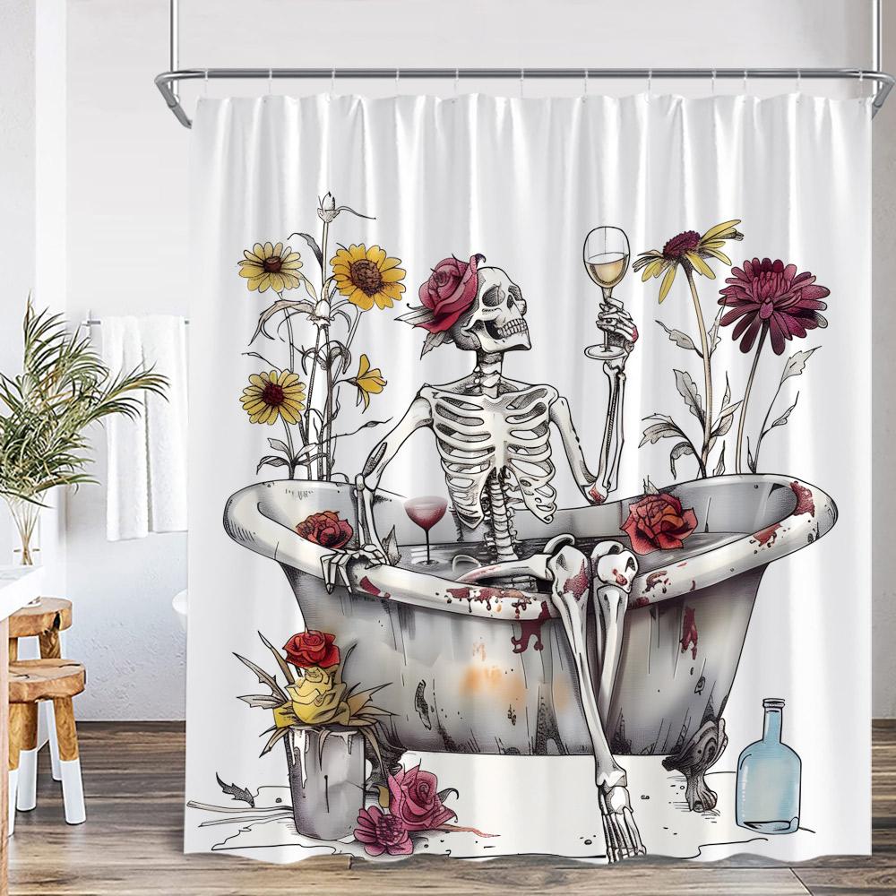 Funny Skeleton Shower Curtain Skull Happy Halloween Vintage Bathoom Decor Scary Retro Polyester Bath Curtain with Hook