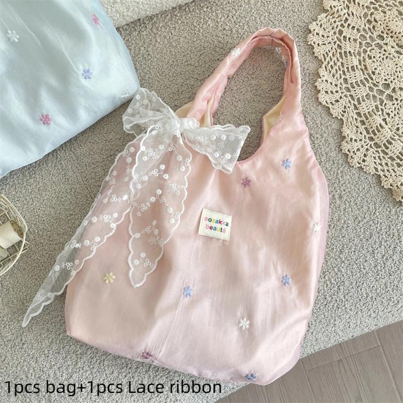 Bestickte Tragetasche Chiffon Unifarbene Blumen-Umhängetasche Große Kapazität Koreanischer Stil Leinwand-Achseltasche Für den Weg zur Arbeit