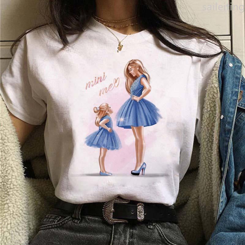 Women T-shirts Cute Mom and Daughter Black Summer Short Sleeve Female Tops Summer Sleeved Harajuku Streetwear Tops Tees