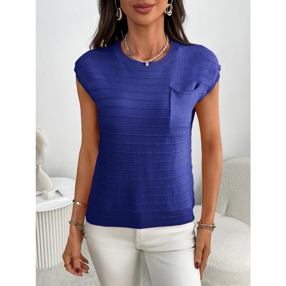 Sommer neuer Damen Pullover kurzärmelig Rundhals gestreift Stricktasche Pullover Top