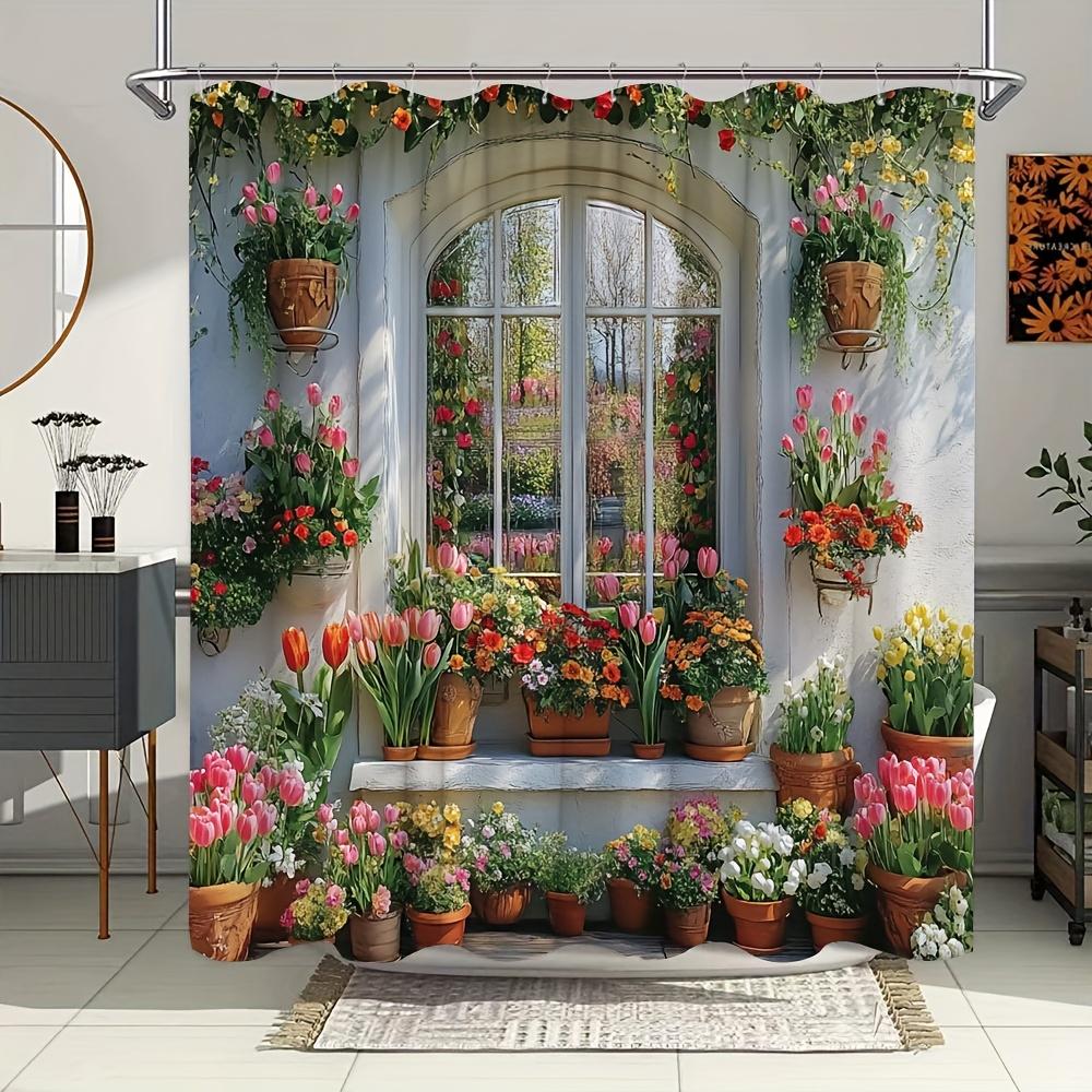 

Floral Paradise Bath Curtain - Vibrant Potted Flowers & Arched Window; Waterproof Home Decor Adds Spring Charm to Your Bathroom. W90XH180cm