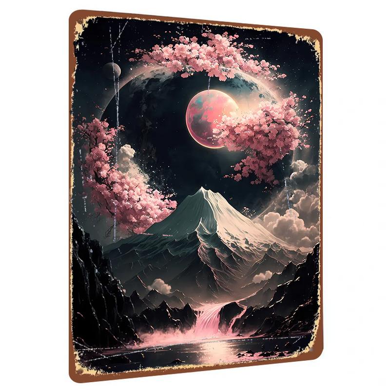 

Dreamy Starry Sky Cherry Blossom Tree and Snow Mountain Scenery Metal Iron Painting Home Decor Wall Art 20x30cm（7.8x11.8inch）