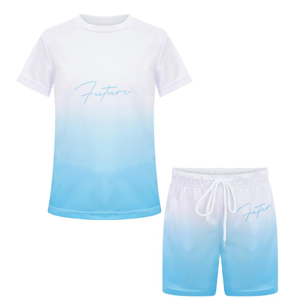 Boys Letter Print Gradient Sports Set Quick Drying Short Sleeve T-Shirt Drawstring Elastic Waist Shorts
