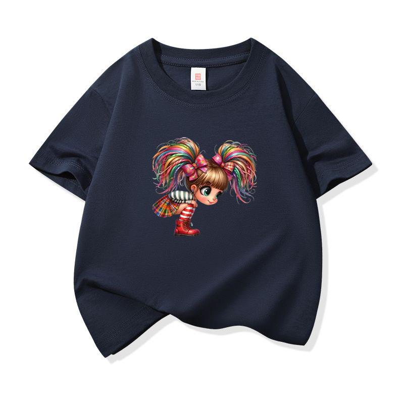 Kids Cotton T Shirt Rainbow Hair Girl Wear Plaid Skirt Print Crew Neck Short Sleeve Tee Casual Boys Girls Summer Tops
