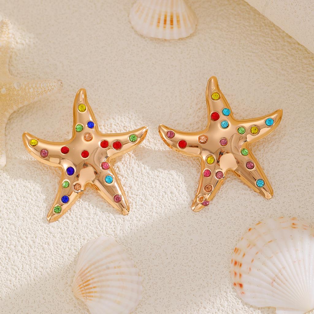 Trendy Simulated Starfish Stud Earrings for Women Exquisite Colored Rhinestones Summer Beach Daily Jewelry