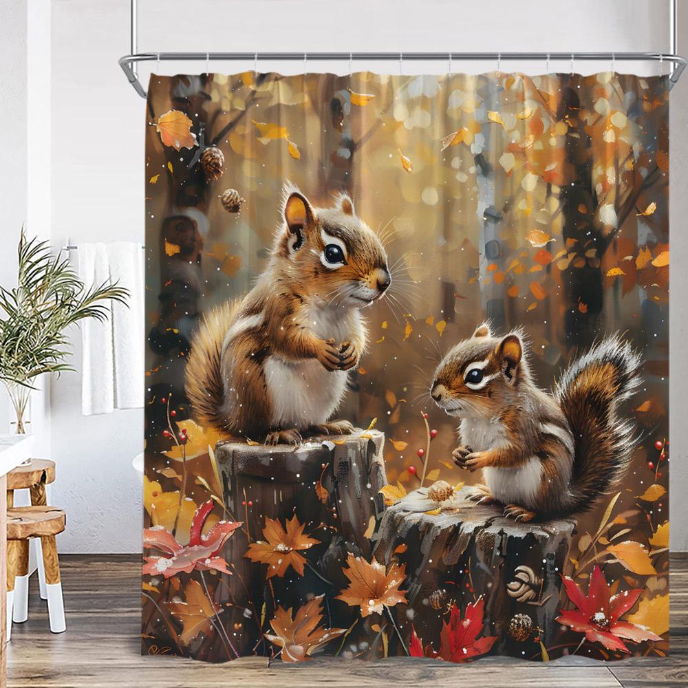 Autumn Harvest Season Shower Curtain Pumpkin Sunflower Corn Squirrel Fall Country Bathroom Decor Orange Polyester Bath Curtain
