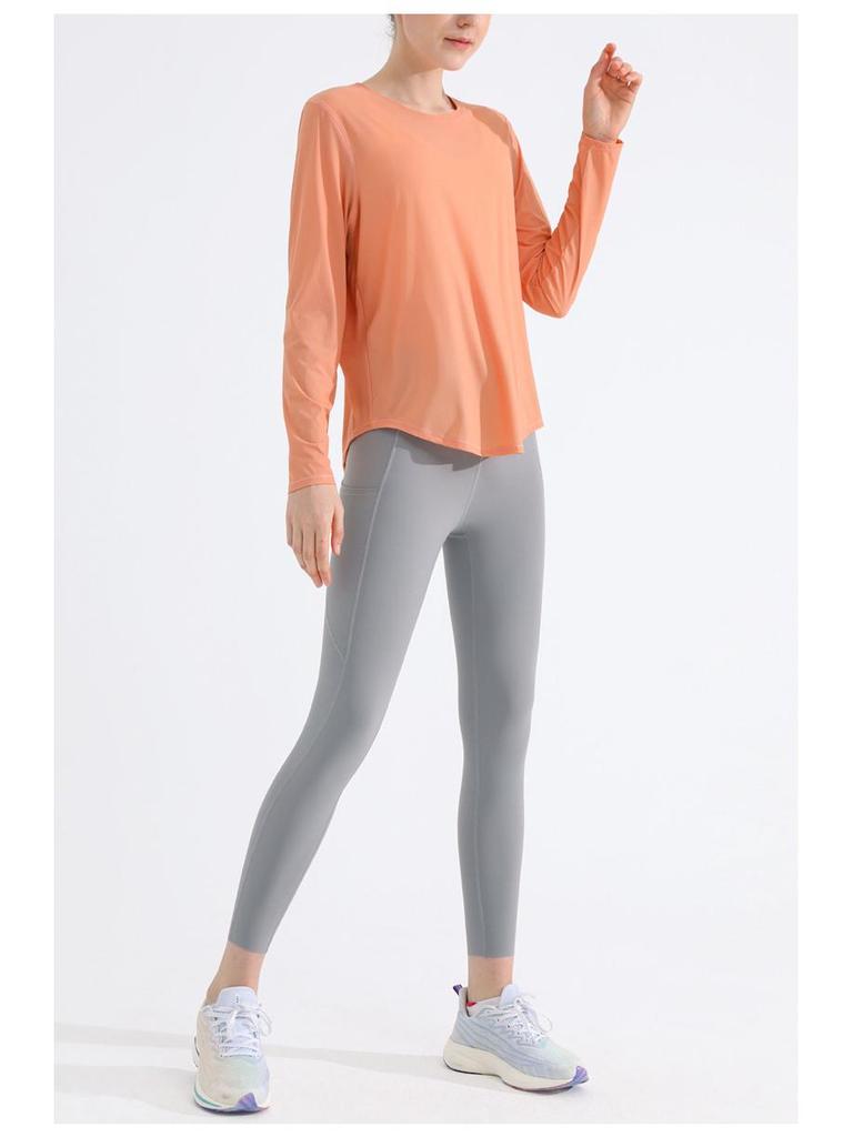 Women's Long-Sleeve Quick-Dry Yoga Top: Nude Open Back, Breathable, Loose Fit, Sun Protection for Running and Fitness.