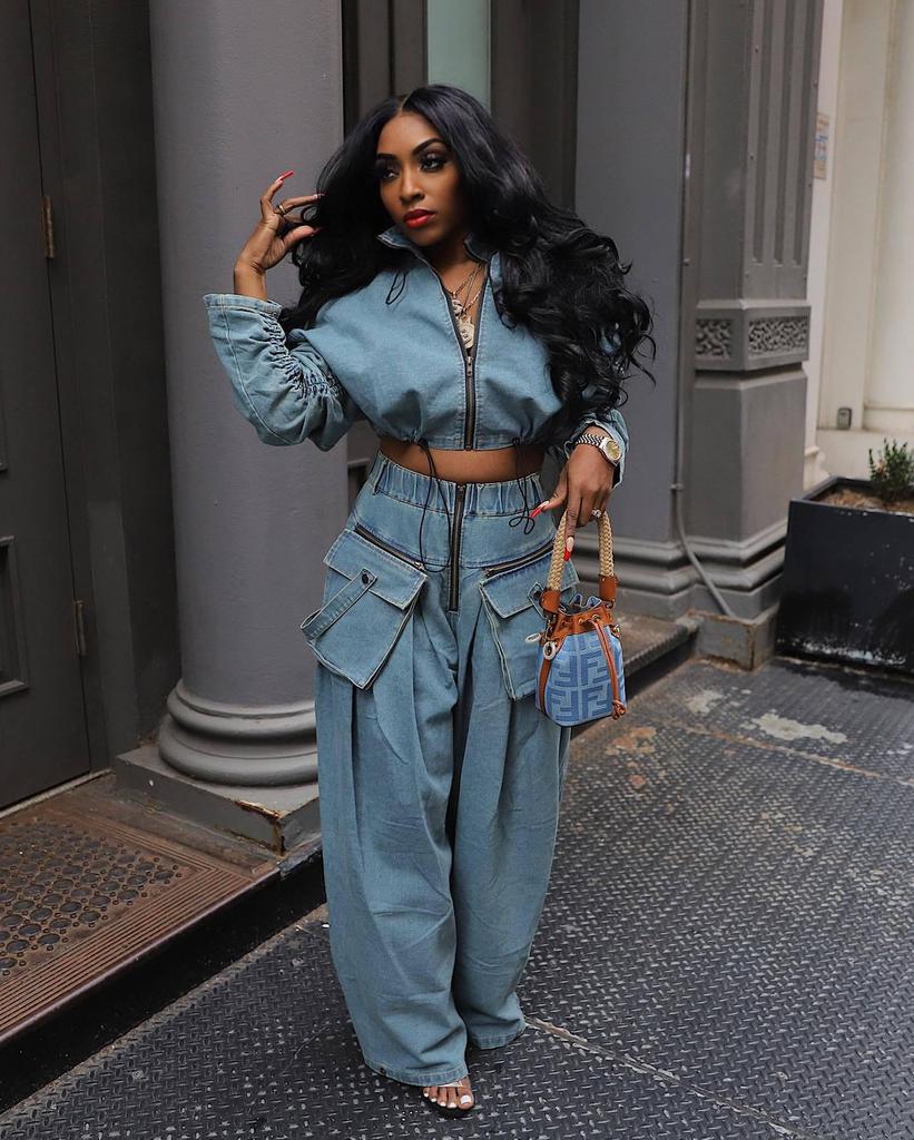 Two-Piece Retro Denim Workwear Set: Wide-Leg Trousers & Short Jacket for Women