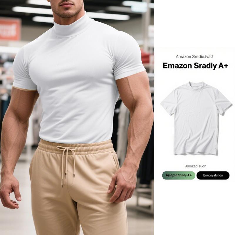 Men’s T-shirt: Summer solid-colour short-sleeved fashionable base layer; men’s slim-fit high-neck top S белый