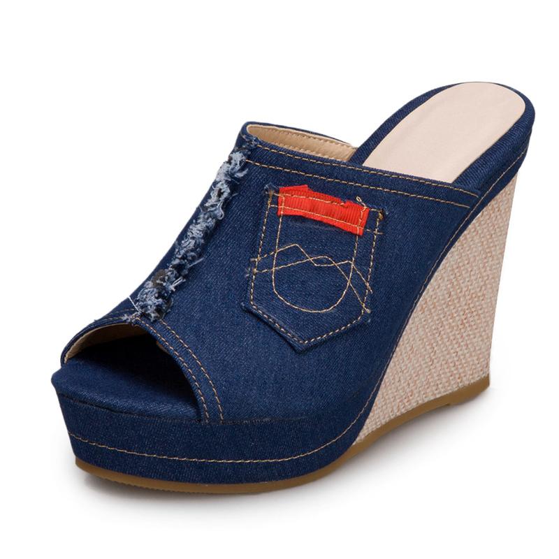 

Модные женские тапочки с толстой подошвой, джинсы на платформе, туфли на танкетке, мюли, летние сандалии, женские туфли на танкетке с открытым носком, женские шлепанцы 43 синий
