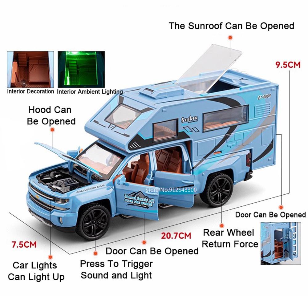 1:32 Camping RV X-Trail Trailer Model Toy Car Alloy Diecast Sound Light Doors Opened Truck Models Ornament Gifts for Children