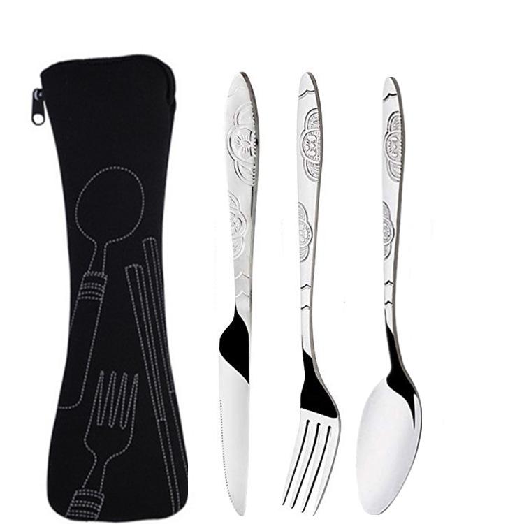 3Pcs/4Pcs/7Pcs Set Dinnerware Portable Printed Knifes Fork Spoon Stainless Steel Family Camping Steak Cutlery Tableware with Bag