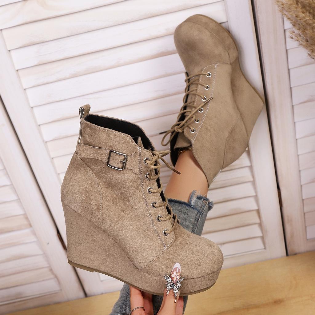 Autumn New Large Size Round Head Wedge Heel Velvet Warm Lace-up Short Boots European and American Thick-soled Boots