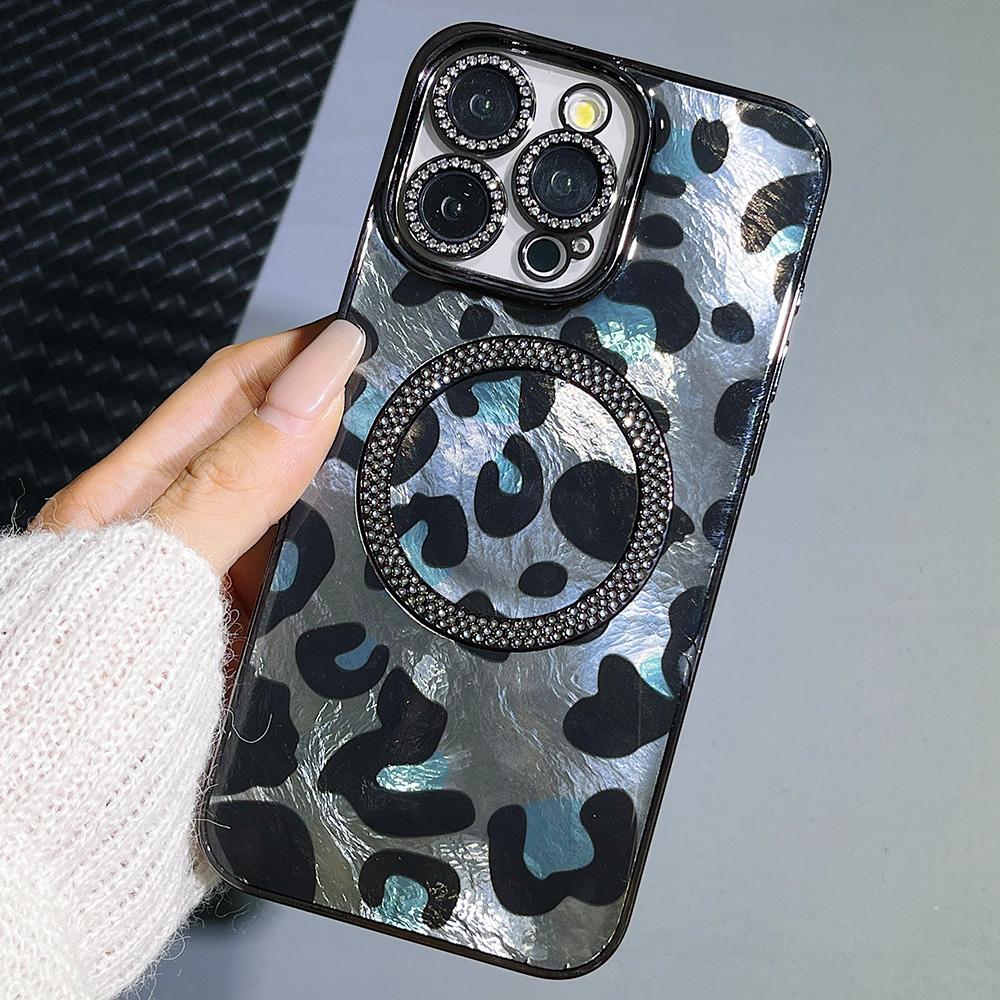 

For iPhone 16 Pro Max Case Compatible with MagSafe Epoxy Shockproof Phone Cover Leopard Print Black