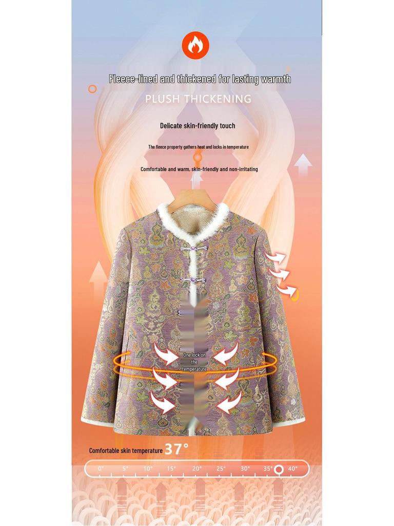 Vintage Chinese-Style Reversible Plush Jacket for Women, Cross-Collar with Frog Buttons, Tang Suit Top for Middle-Aged and Elderly