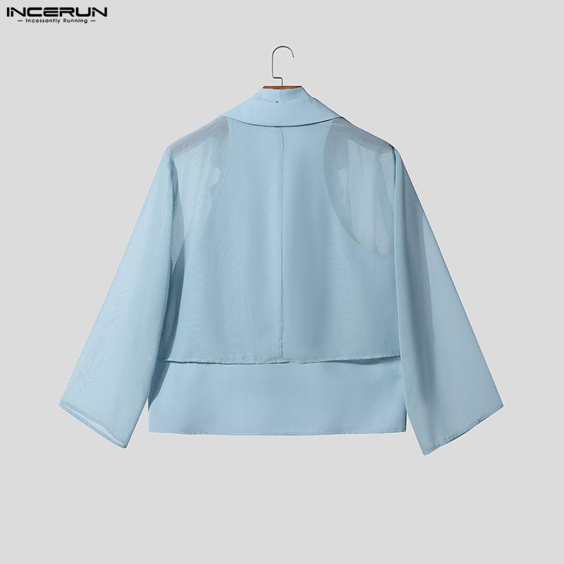 INCERUN Men Sets 3/4 Sleeve Mesh Sheer Layers Tops and Long Pants Casual Suits