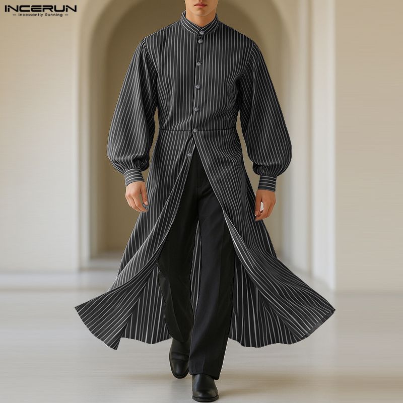 INCERUN Oversized Men Stand Collar Puff Sleeve Striped Print Buttons High Splits Long Shirts