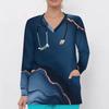 Women Plus Size Blue Marble Printed Nurse Scrub Top V Neck Long Sleeve With Pockets