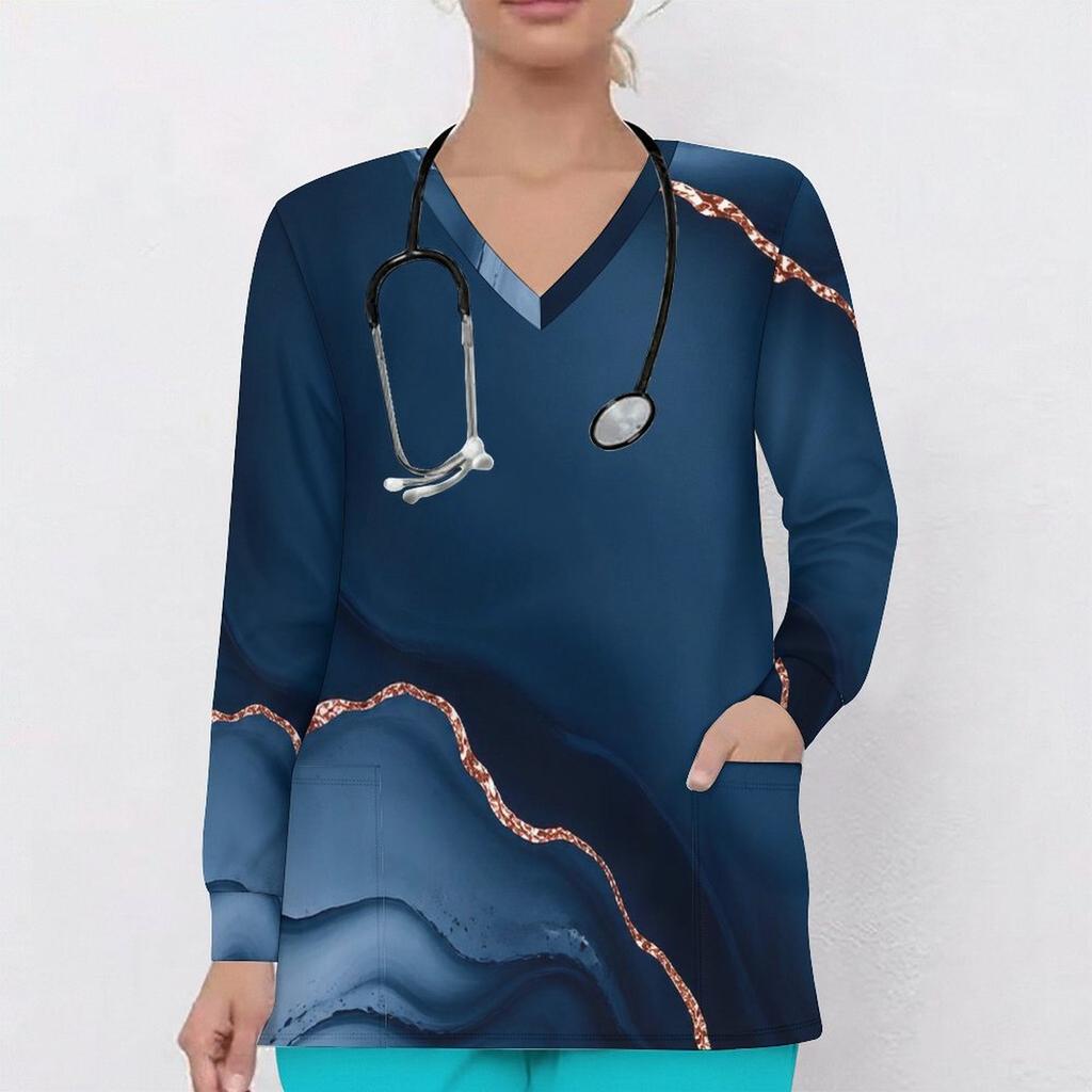 Women Plus Size Blue Marble Printed Nurse Scrub Top V Neck Long Sleeve With Pockets