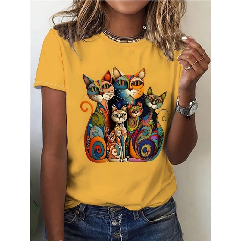 

Cat pattern round neck T-shirt spring and summer casual short-sleeved tops S